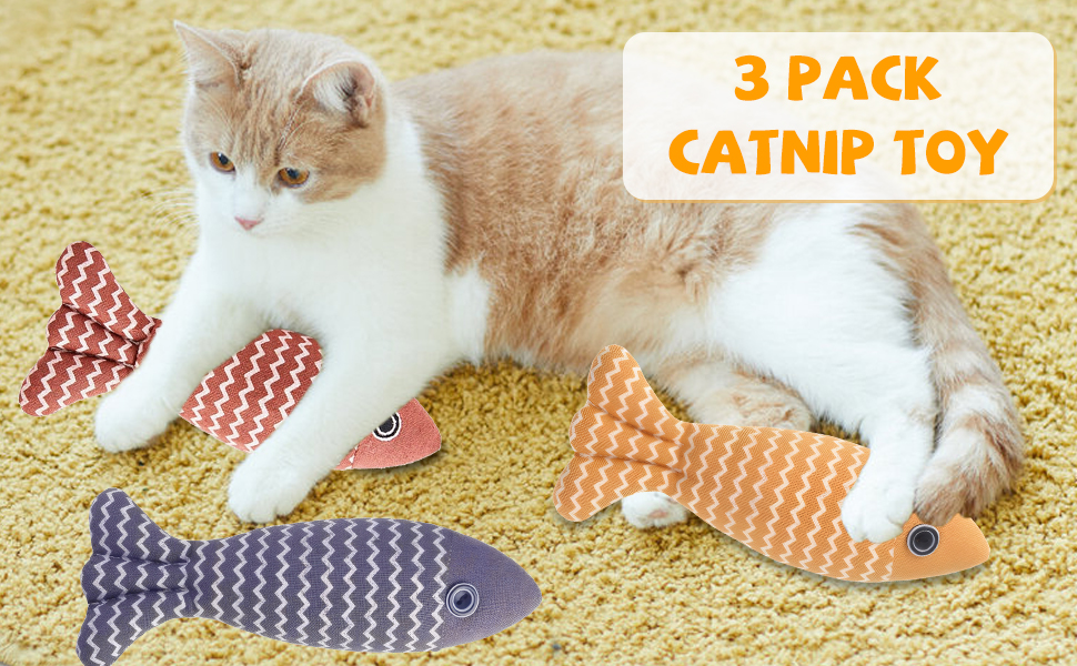 Kemowi 3pcs Catnip Toy, Fish Cat Toys For Indoor Cats Adult, Soft Linen Chew Toy, Kitten Teething Catnips Toy, 3 Color Fish Shaped Cat Interactive Toy, Red Navy Yellow 11 3 Pack Catnip Toys For Cat