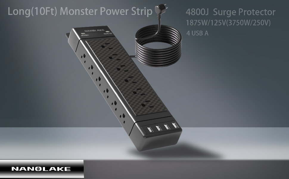 NANOLAKE Long Monster Power Strip,High Joule Surge Protector 4800J 15A,10ft