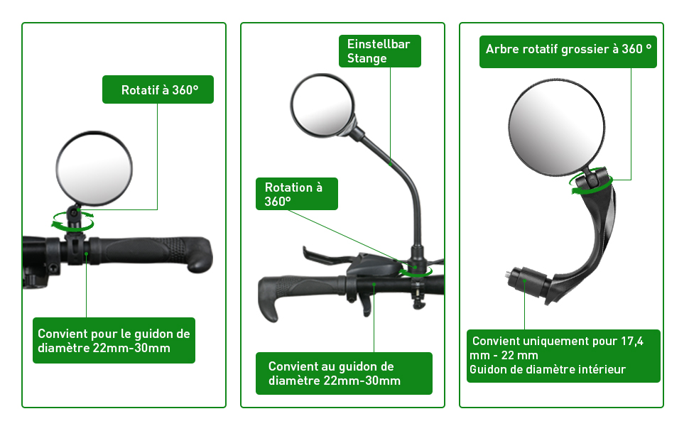 1, Convient pour le guidon de diamètre 22mm-30mm 2, Rotatif à 360°