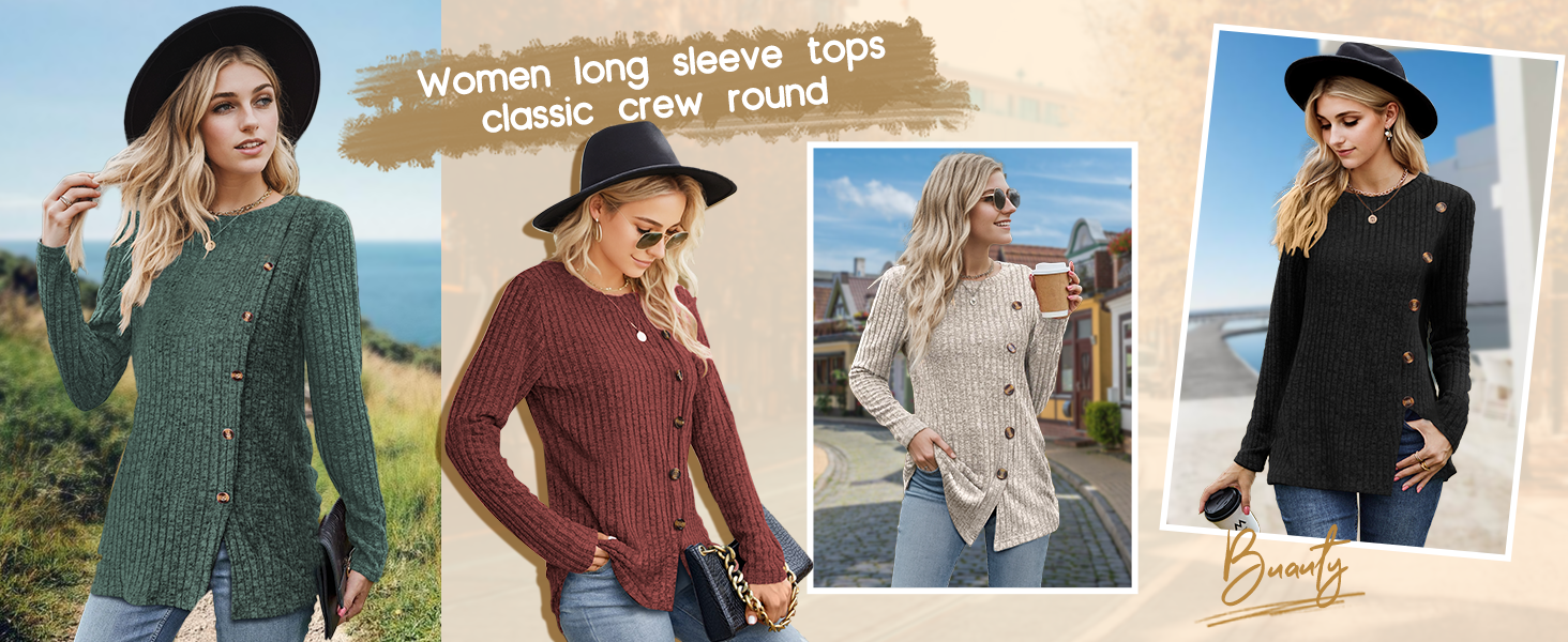 Buauty Womens Long Sleeve Sweaters Round Neck Side Split Tunic Tops for