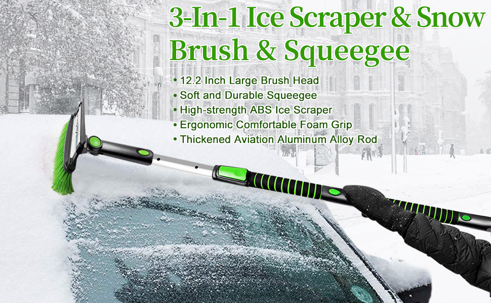 SEAAES 51 Inch Snow Brush and Ice Scraper with Squeegee, Extendable Snow Ice Removal with Foam