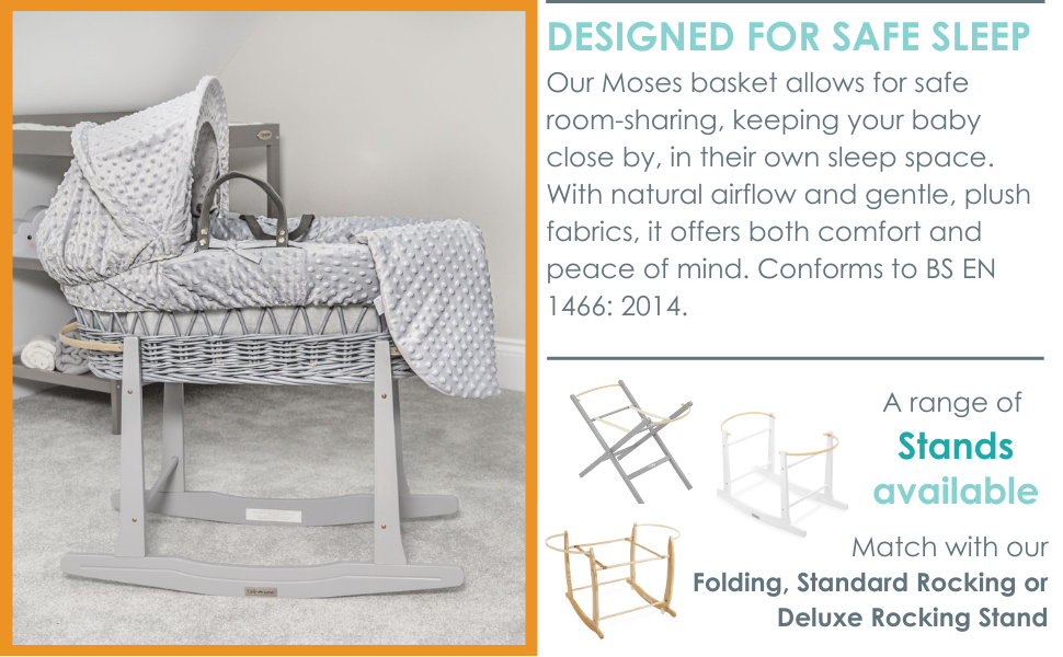 Clair de Lune Dimple Grey Wicker Moses Basket with bedding Includes mattress, Hood, Padded