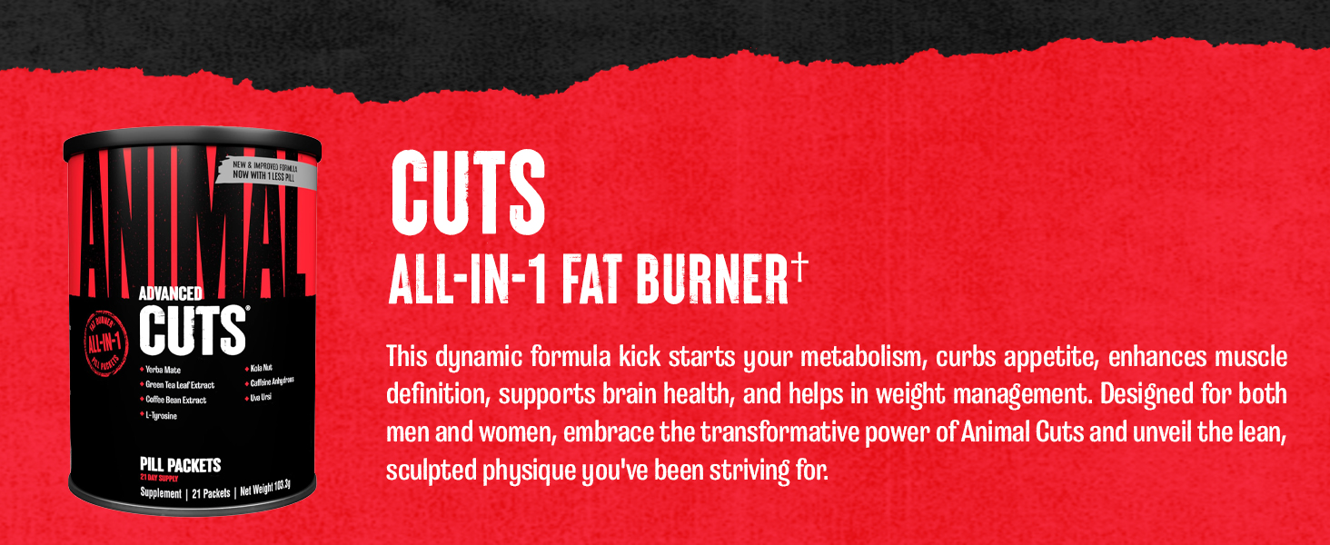 Black container with red text advertising 'Animal Cuts' fat burner supplement with product description on red background.