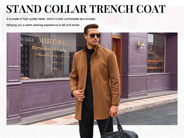 Runcati Mens Trench Coat Stand Collar Casual Slim Fit Single