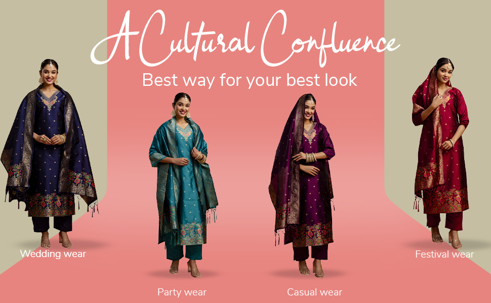 VredeVogel Women's Cotton Silk Blend Zari Work Kurta Pant Set with Banarasi Minakari Silk Dupatta