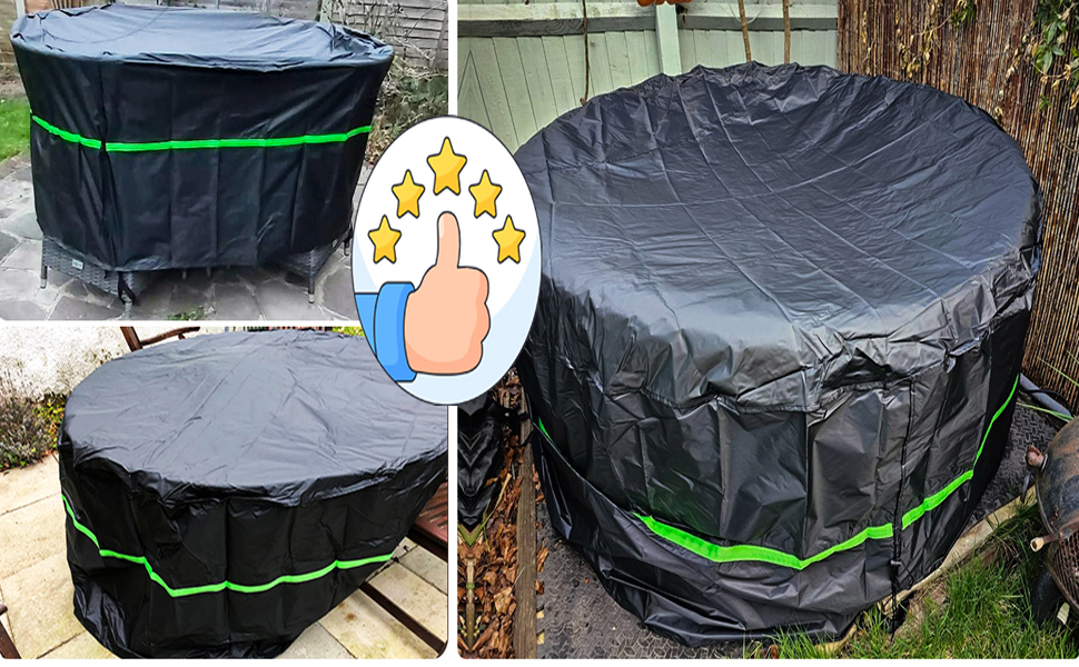 Black outdoor furniture covers in various sizes, featuring green straps. Images show covers on different circular objects, likely patio furniture.