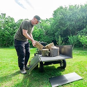 Series of outdoor shots showing yard work activity with a utility trailer, involving loading and dumping of yard waste or materials.