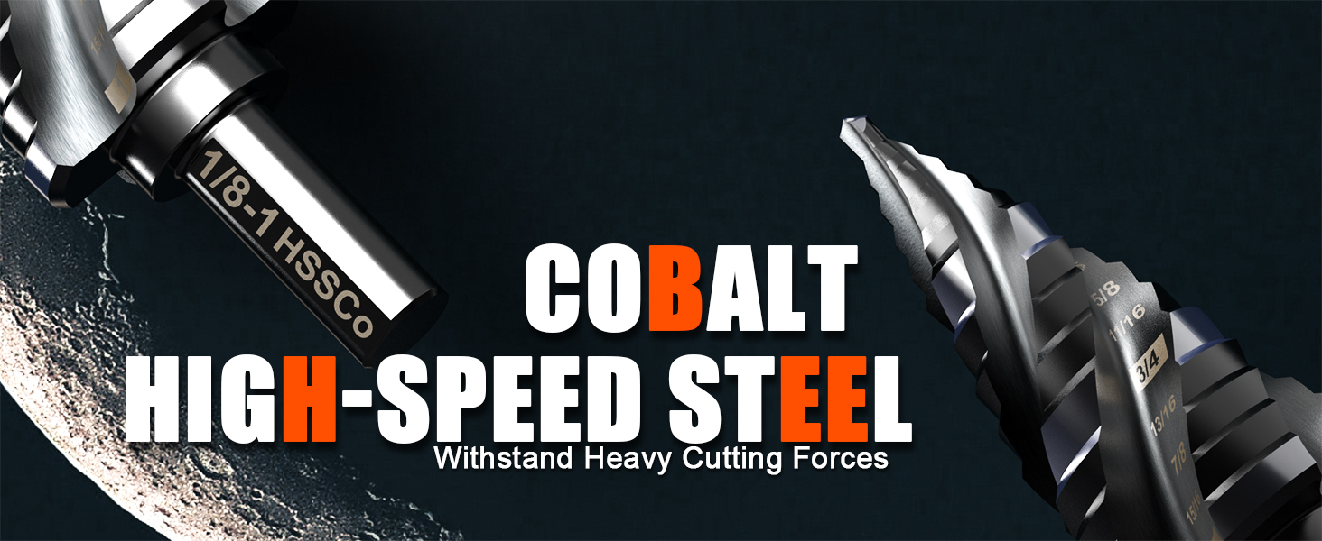 Four Spiral Flute Step Drill Bit for Metal,M35 Cobalt Unibit Step Drill Bit Set 1/4" - 1-1/8"(15 Sizes),Wear-Resistant AlTiN Coated,3/8" Hex Shank for Metal, Stainless Steel, Aluminum, Plastic