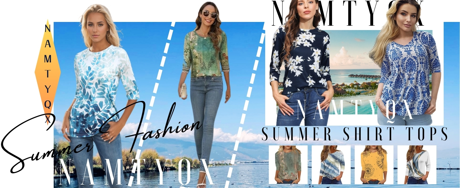 JXKIKOZE Summer Shirts for Women 3/4 Length Sleeve Crewneck Tops Trendy Loose Casual Print Cute Top
