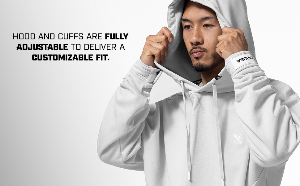 Hayabusa Men's Midweight Pullover Hoodie on model light Heather Grey pulling up the hood