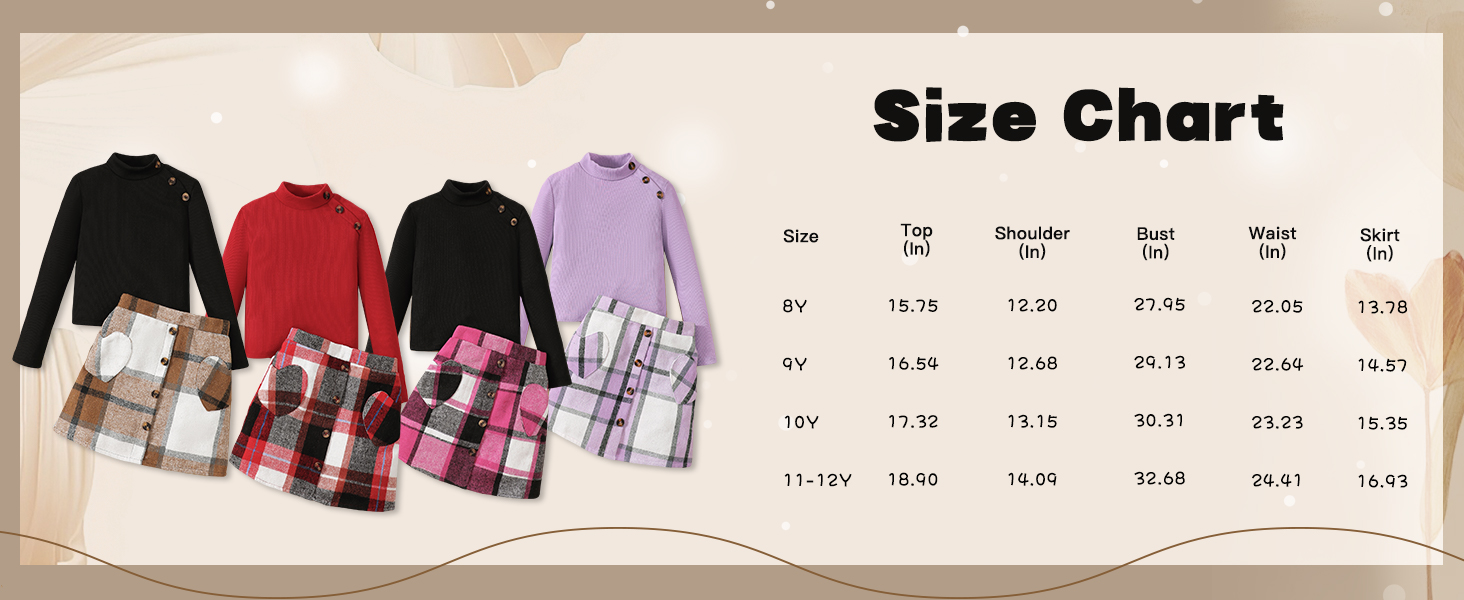 Girls clothing set size chart