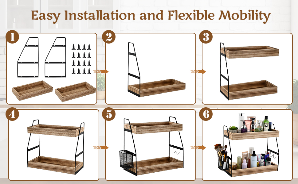 Le texte indique « Installation facile et mobilité flexible ». Instructions de montage étape par étape montrant le processus d'installation des étagères murales flottantes en bois et en métal.