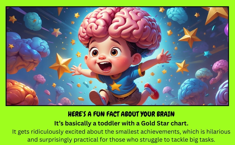 Cartoon toddler with big brain chasing stars.
