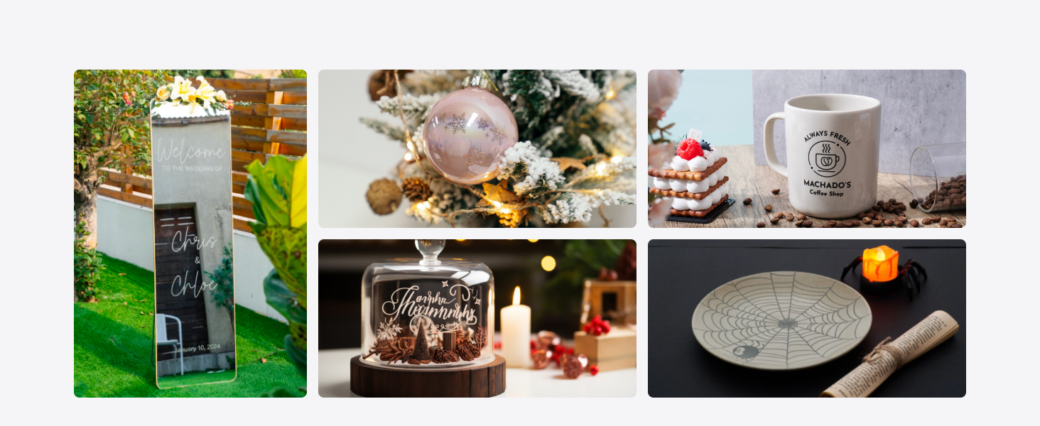 Collage of holiday-themed items including a white coffee mug, decorative glass dome, circular cutting board, and festive ornaments against various backgrounds.