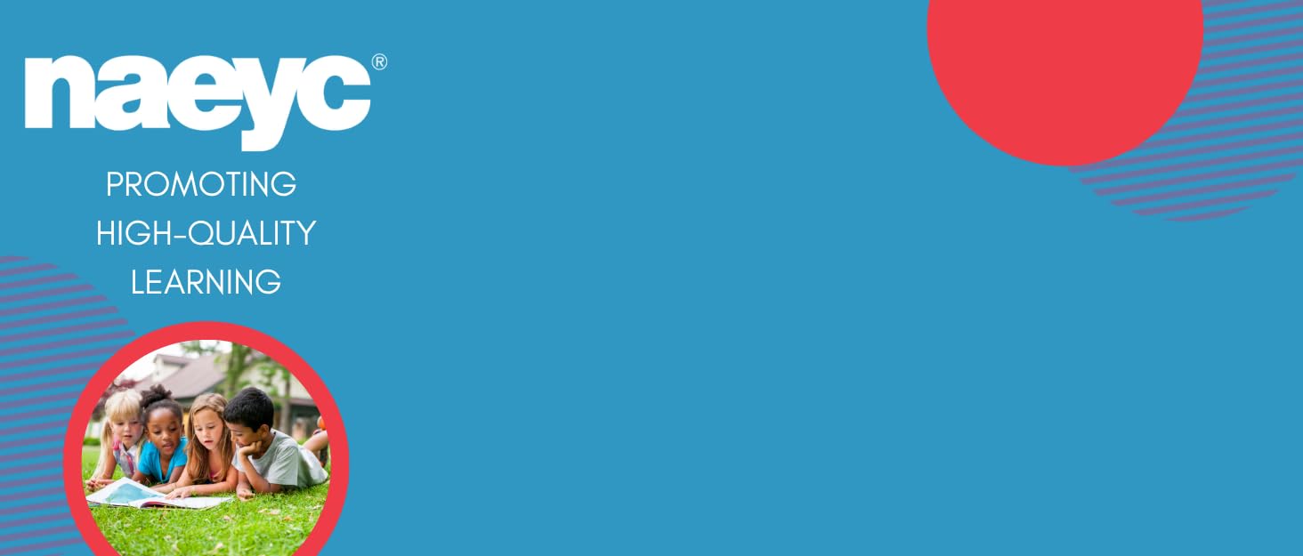 blue and red background with white text and kids reading outside