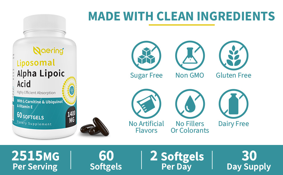 Naering Liposomal Alpha Lipoic Acid 1400mg Softgels, ALA Supplement with LCarnitine