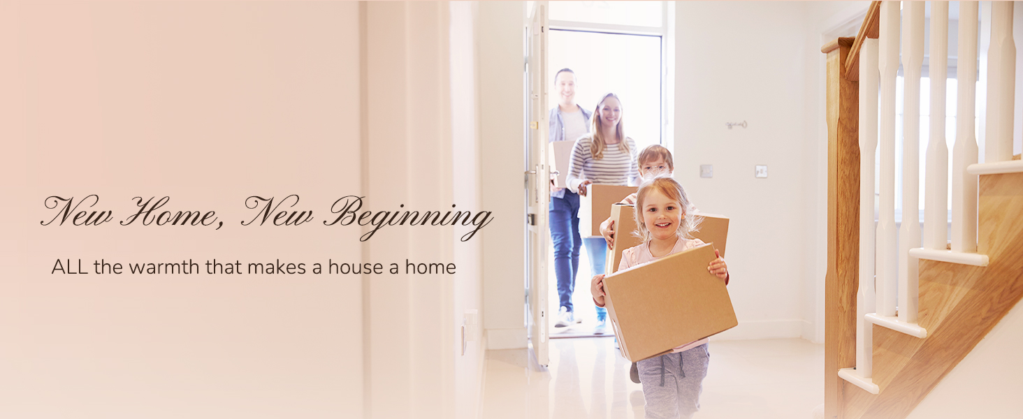Text reads: 'New Start, New Beginning'. Continuation of interior home scene showing hallway or living space with soft, natural lighting.