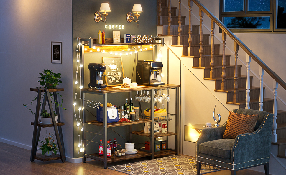 Bakers Rack with Power Outlet, Microwave Stand, Kitchen Storage Shelf