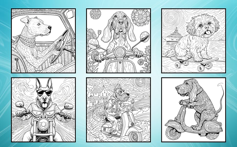 Dogs Go Wild on Wheels Coloring Book available on Amazon