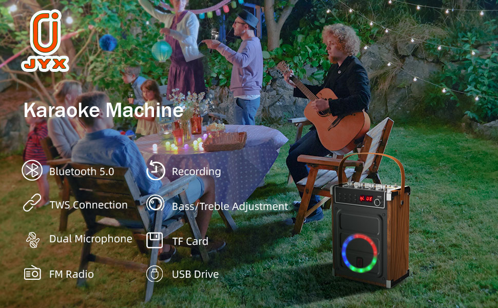 JYX Karaoke Machine with 2 UHF Wireless Microphones, Bluetooth Speaker