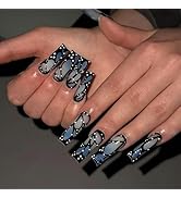 Long Coffin Press on Nails Ballerina Fake Nails with Designs Butterfly Stick on Nails Blue Gradie...