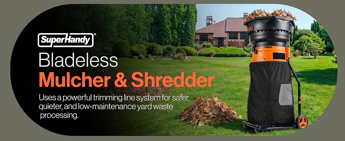 Text reads 'Bladeless Mulcher & Shredder'. Marketing banner showing green lawn care equipment with garden backdrop and product specifications.