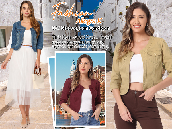 Allegra K Denim Jacket for Women's Collarless 2025 Cardigan
