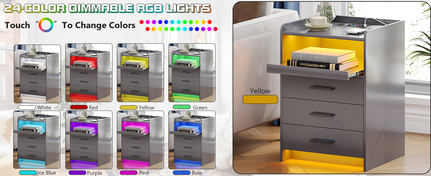 Gurexl RGB Nightstand with Wireless Charging Station and USB Ports