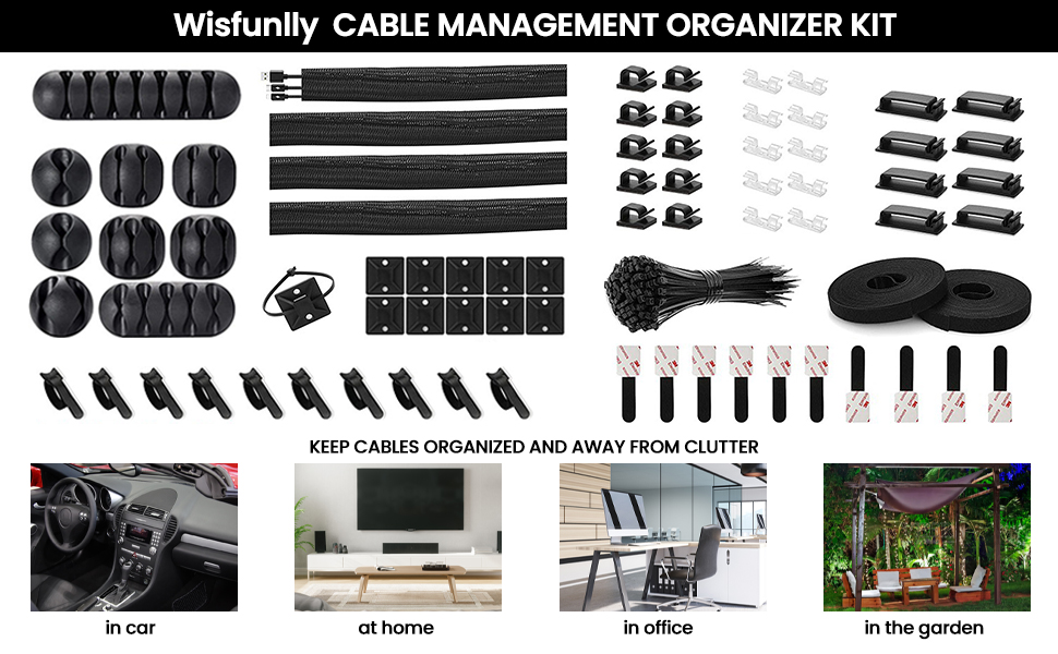 Wisfunlly 173 Pcs Cable Management Organizer Kit, 4 Cable Sleeve Split
