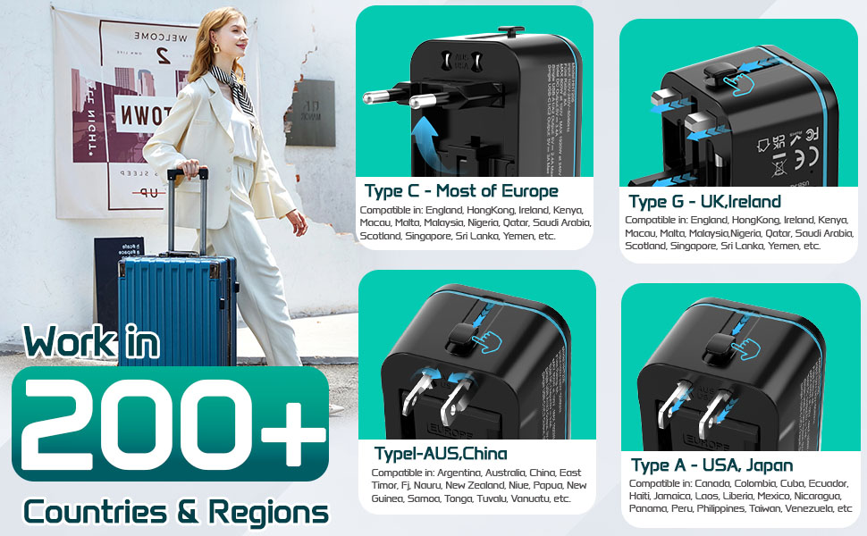 Universal Travel Adapter Worldwide, TECSIX European Travel Plug Adapter with 2 U... 14 Travel Adapter Worldwide