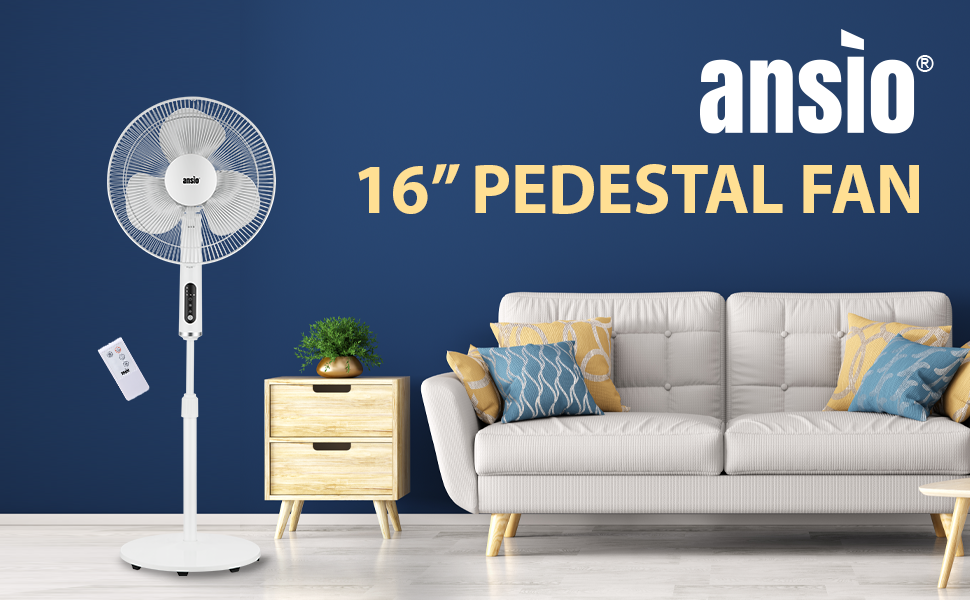 ANSIO Pedestal Fan with Remote Control 3 Blades 3 Speed Level Stand