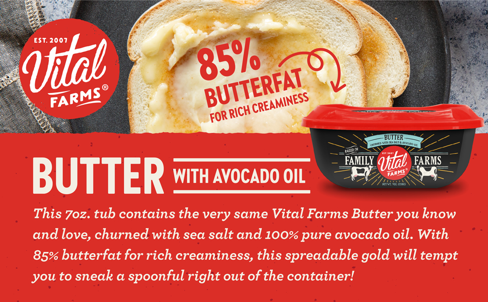 Vital Farms Butter with Avocado Oil, Spreadable, 7 oz
