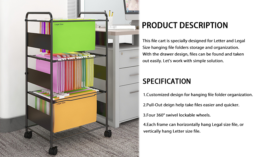 Natwind 3Tier Metal Rolling File Cart with Wheels for