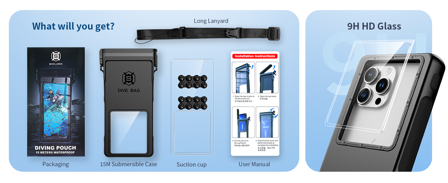Waterproof phone case kit with components: main case, silica gel, instruction manual, and tempered glass screen protector. Illustrations show installation steps and underwater usage.