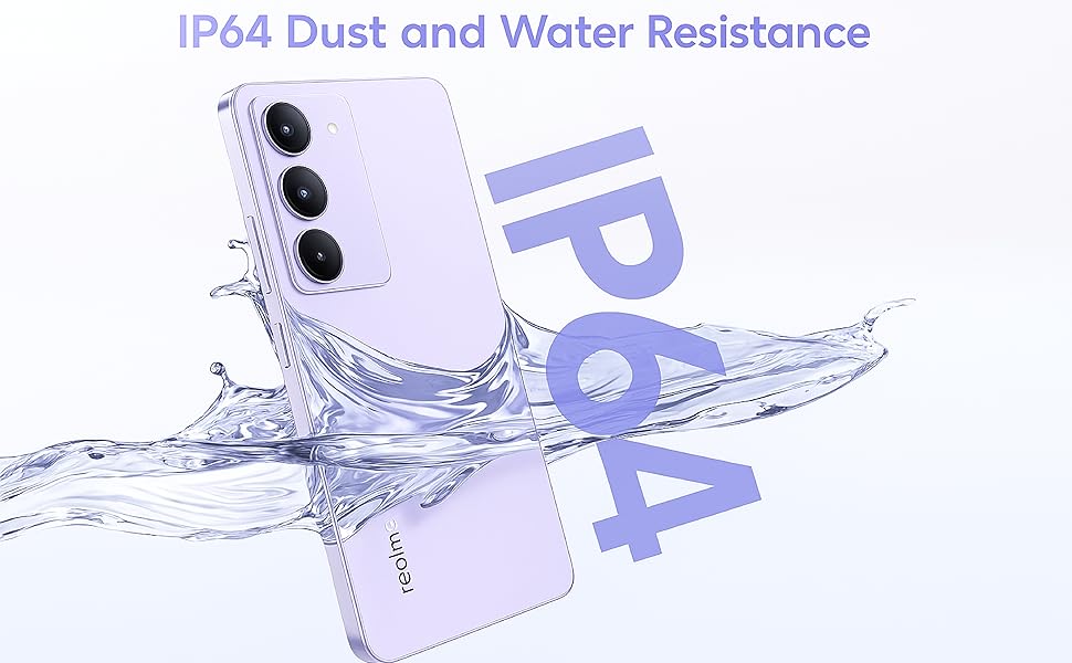 realme C73 5G in splash scene demonstrating IP64 dust and water resistance around triple-camera