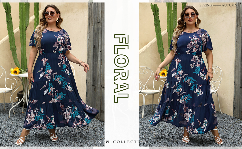 Nemidor Womens Plus Size Bohemian Ditsy Floral Print Casual Layered Flared Summer Maxi Dress