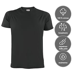T-shirt girocollo nera con quattro icone circolari che indicano le caratteristiche del prodotto: materiale 100% cotone, traspirante, delicato sulla pelle e resistente