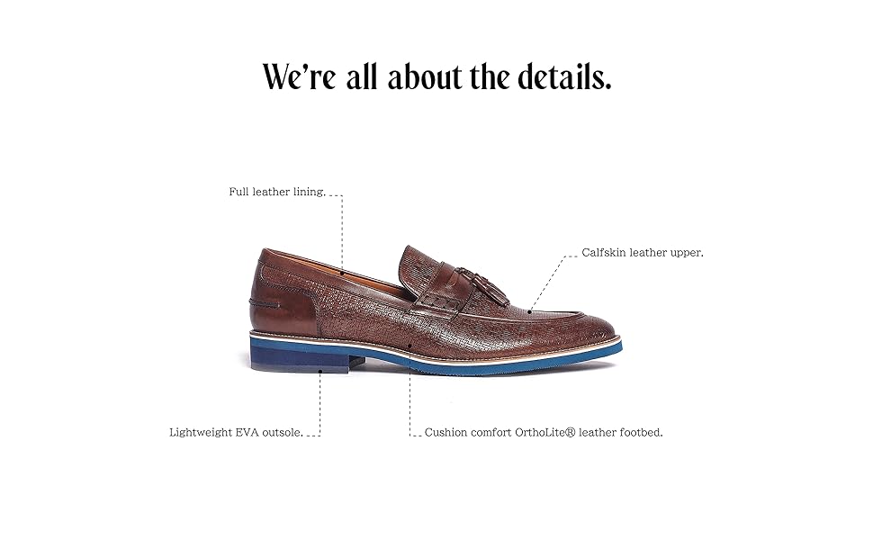 Full leather lining, calfskin leather upper, lightweight EVA outsole, OrthoLite cushioned footbed
