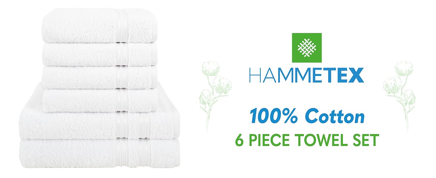 Stack of white cotton towels with 'HAMMETEX' brand logo and text '100% Cotton 6 PIECE TOWEL SET' visible.