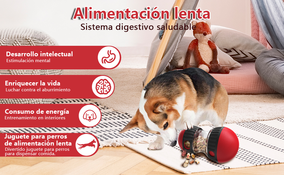 sobre la alimentación lenta de los perros, que muestra beneficios como el desarrollo intelectual y el consumo de energía, en la que un perro come de un juguete de alimentación especializado