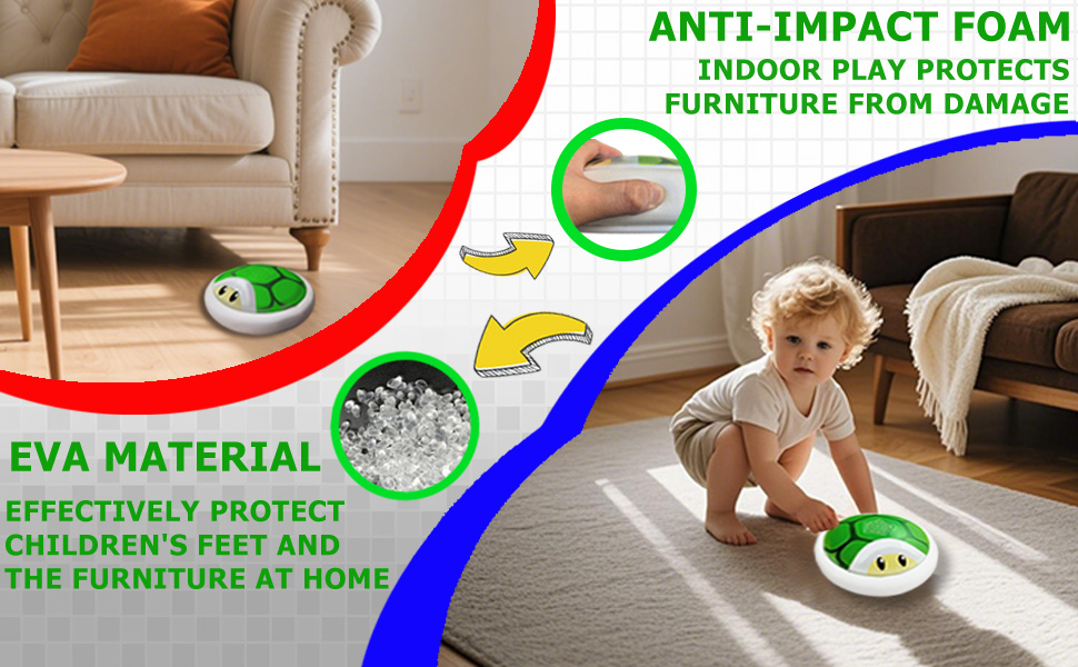 Child-safe foam corner guards for furniture. Features anti-impact protection, EVA material for feet safety, and indoor play protection. Shown with toddler crawling near protected furniture corners.