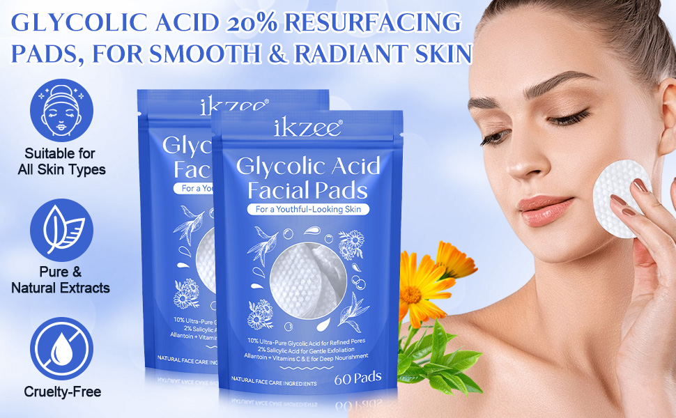 Glycolic Acid Pads,Glycolic Acid Peel Pads with 10% Ultra Pure Glycolic + 2% Salicylic Acid,Cleansing Pads for Face & Body with Vitamins B3, C & E, Green Tea, Calendula, Allantoin - 60 Pads 21 ikzee果酸棉片60p-6