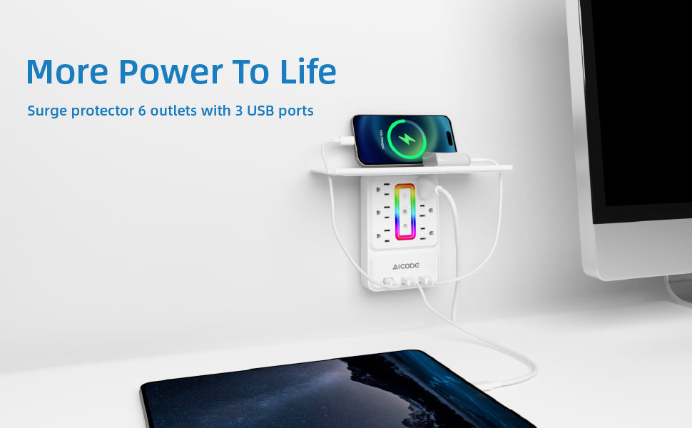 Socket Outlet Shelf AICODE Surge Protector with 6 Nightlight Wall