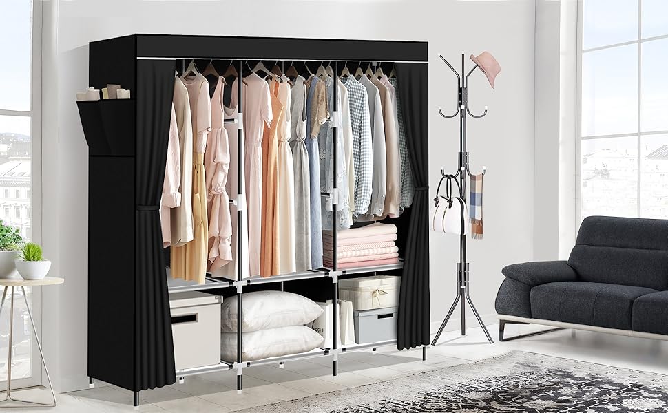 LOKEME Portable Closet, 61Inch Portable Wardrobe with 3 Hanging Rods and 6 Storage Shelves, Non