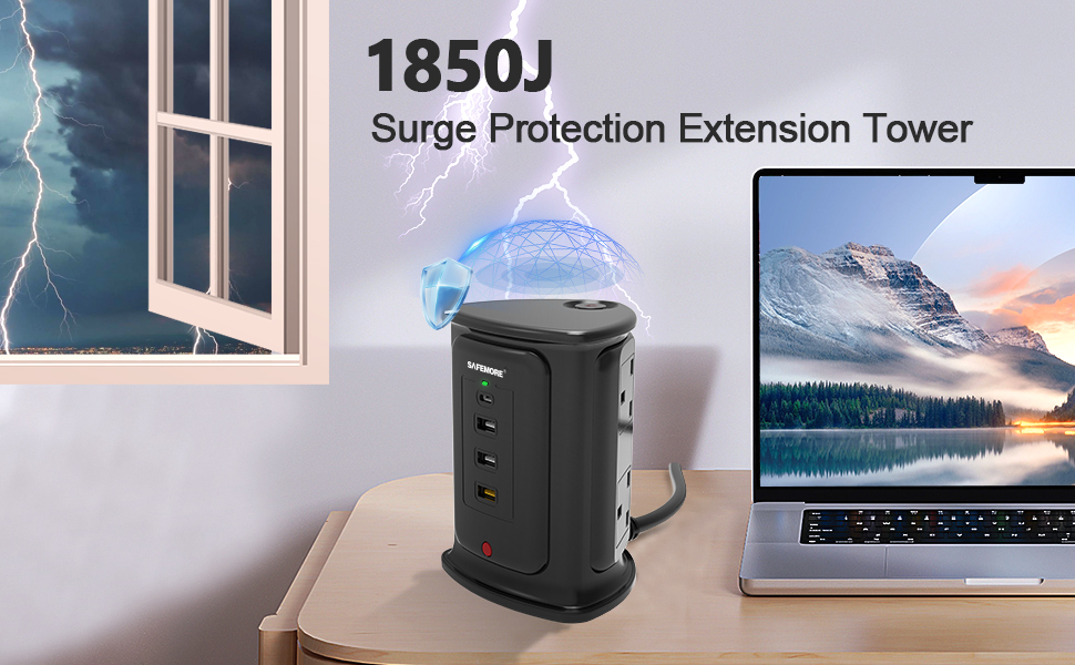 SAFEMORE Tower Extension Lead with Wireless Charger [13A 3250W] 4 Way