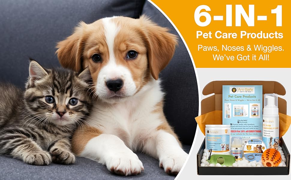 Text reads '6-IN-1 Pet Care Products, Paws, Noses & Wiggles... We've Got it All!' Product display showing pet care items with packaging alongside images of a cat and dog.