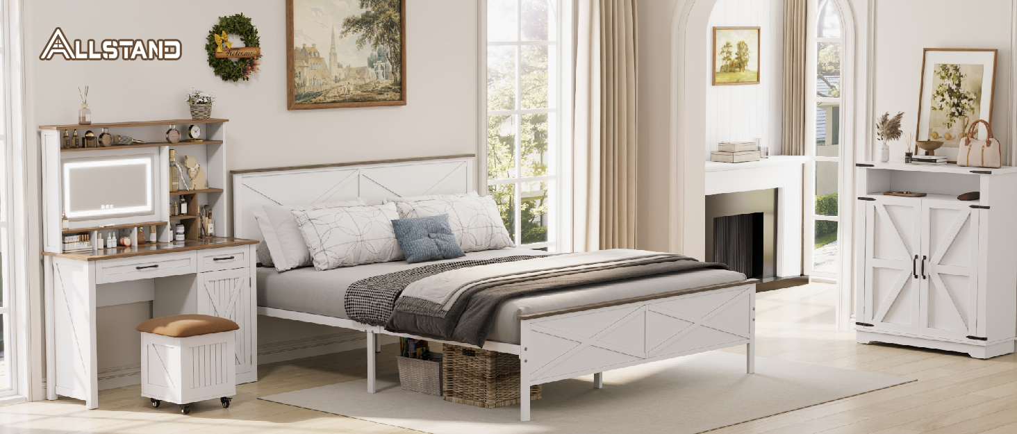 Farmhouse Makeup Vanity Desk with Mirror and Lights, 43