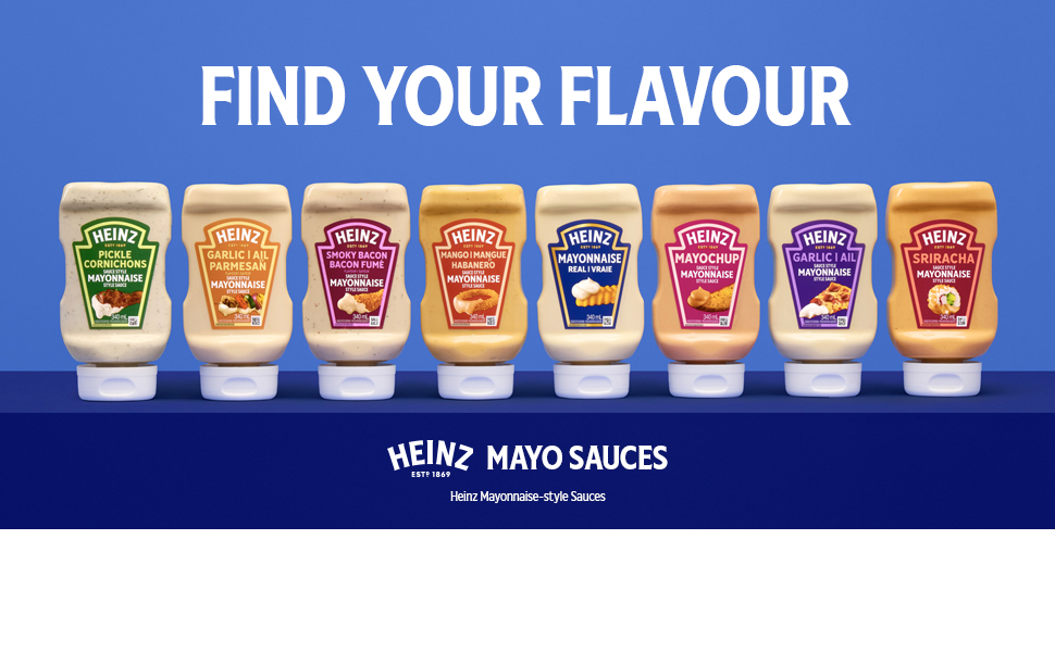 Find your flavour messaging with bottles of Heinz Mayonnaise-Style Sauce in assorted flavours.