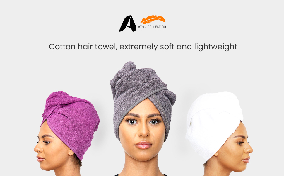 Modell 3 Seitenaufnahmen zeigen das Aussehen von Haaren, die mit einem Handtuch umwickelt sind.