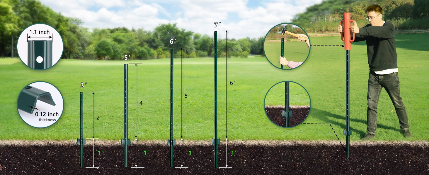 Gtongoko 5 Feet Sturdy Duty Metal Fence Post, Pack of 10